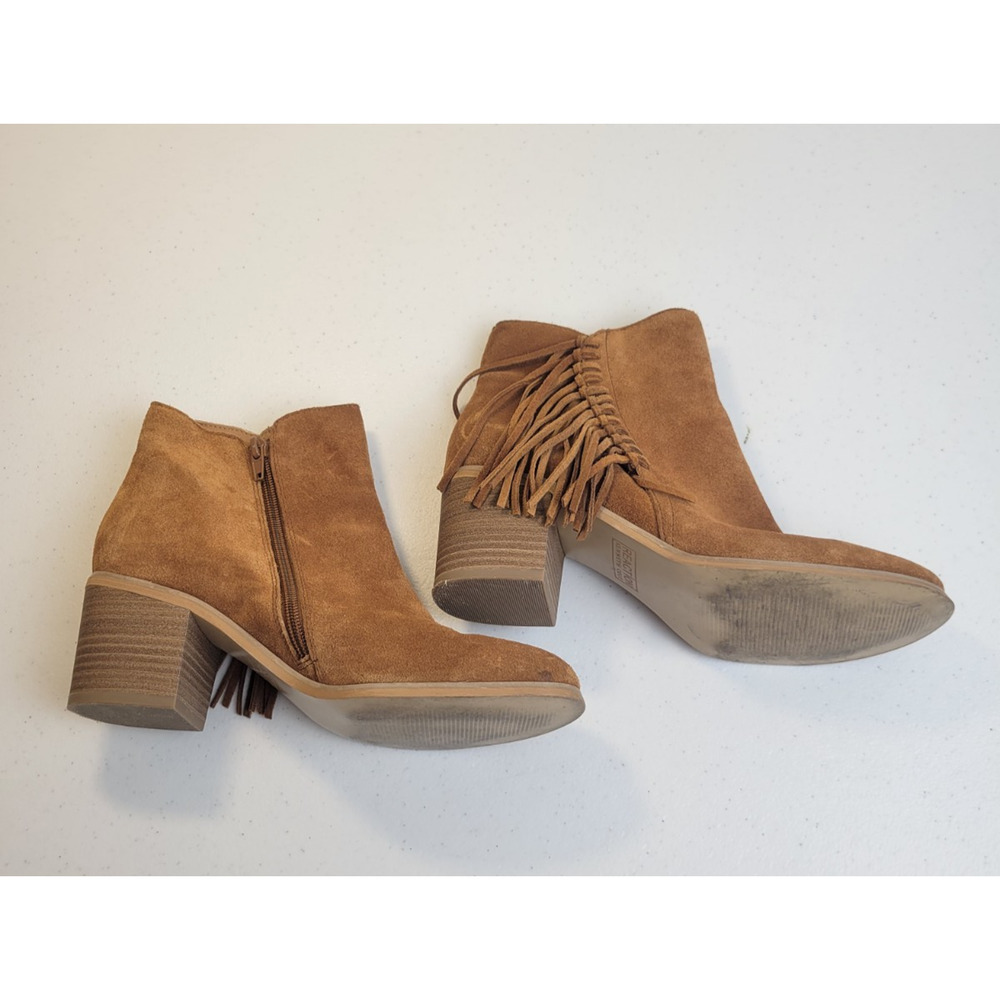 Kenneth Cole Rowdy Brown Suede Leather Side Zip Fringe Ankle Boots‎ Women's Sz 7